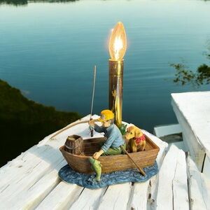 Vintage JSNY Decorative Fisherman Table Accent Lamp Night Light Row Boat Dog